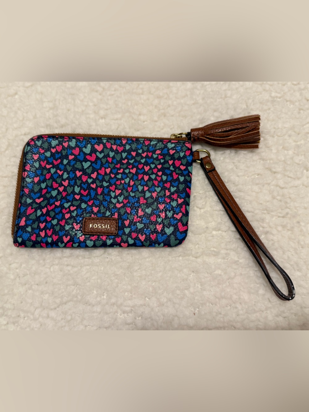 Fossil Tara Wristlet Wallet Hearts tassel blue